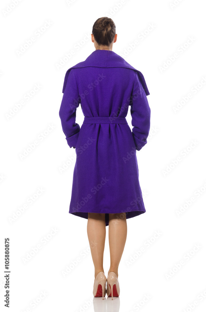 Caucasian model in purple coat isolated on white Caucasian model in purple coat isolated on white