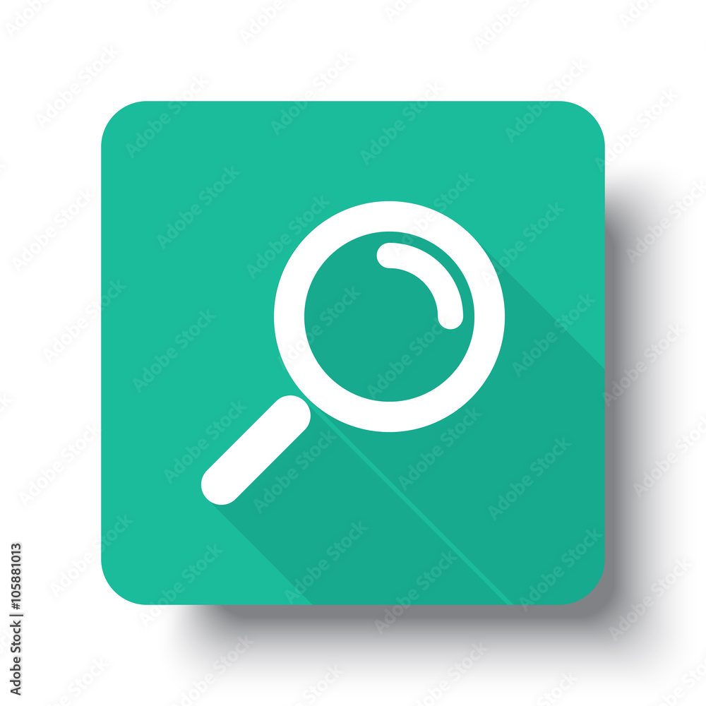 Flat white Magnifying Glass web icon on green button with drop s Flat white Magnifying Glass web icon on green button with drop s