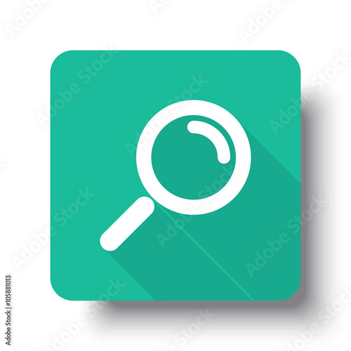 Flat white Magnifying Glass web icon on green button with drop s