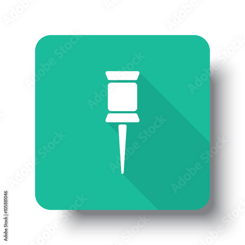 Flat white Pushpin web icon on green button with drop shadow