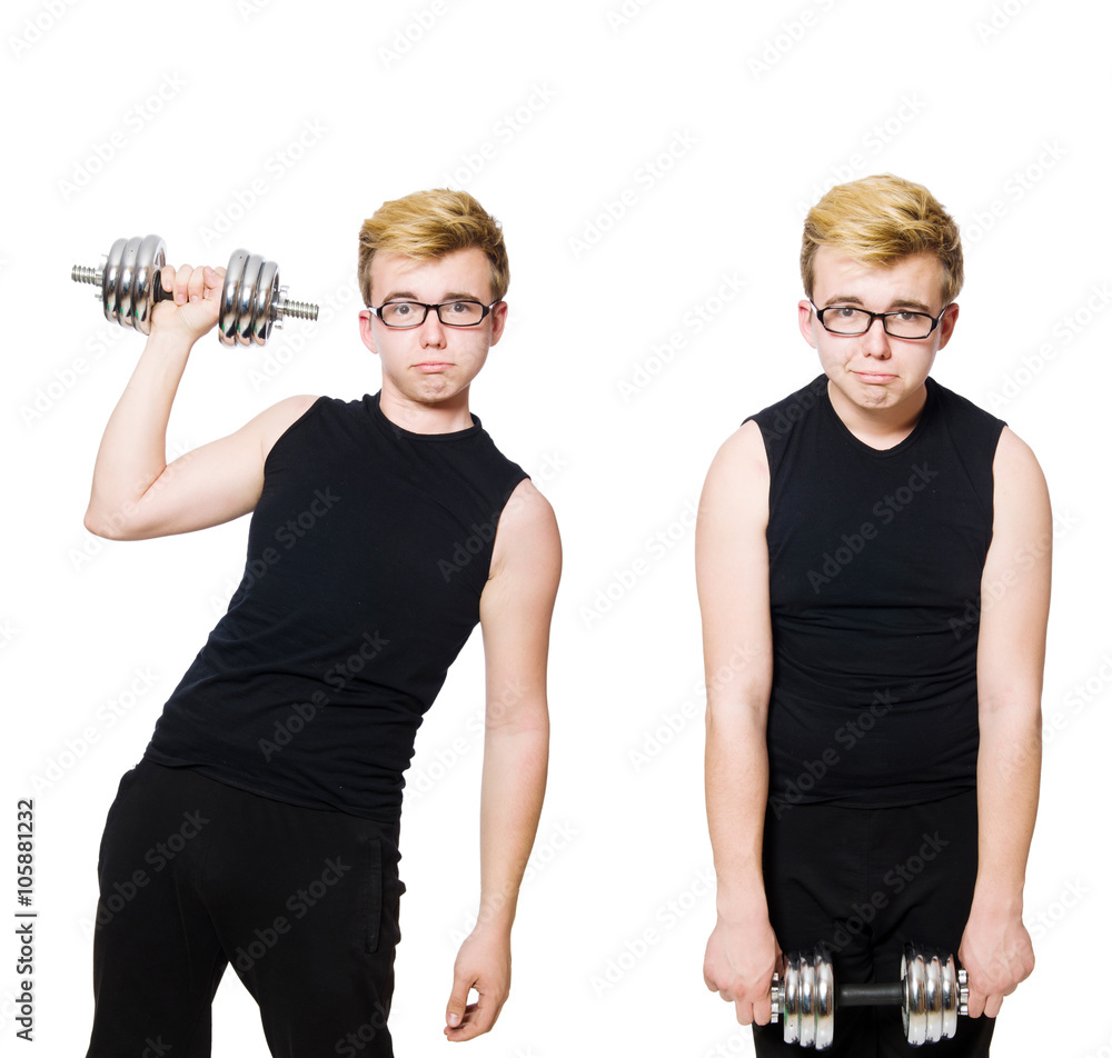 Man with dumbbells isolated on white Man with dumbbells isolated on white