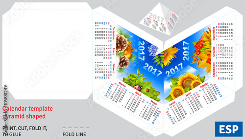 Template spanish calendar 2017 by seasons pyramid shaped, vector background
