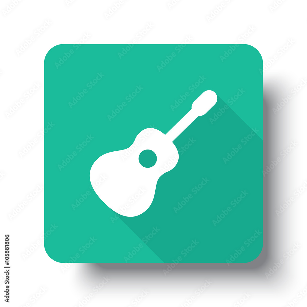 Flat white Guitar web icon on green button with drop shadow Flat white Guitar web icon on green button with drop shadow