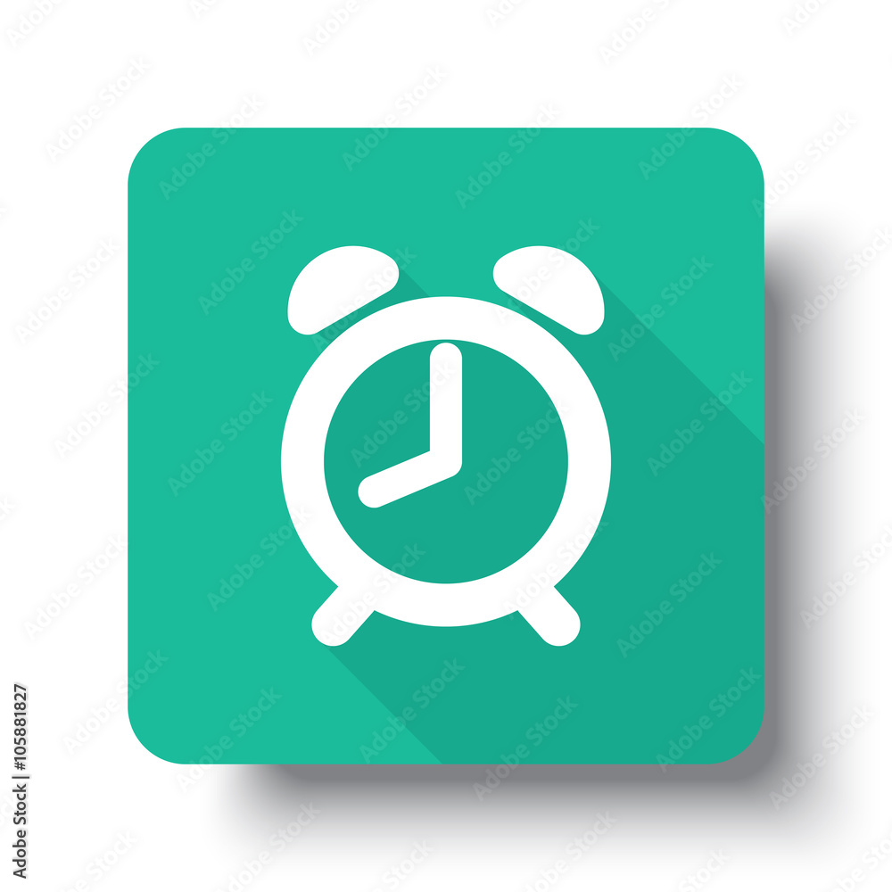 Flat white Alarm Clock web icon on green button with drop shadow Flat white Alarm Clock web icon on green button with drop shadow