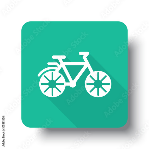 Flat white Bicycle web icon on green button with drop shadow