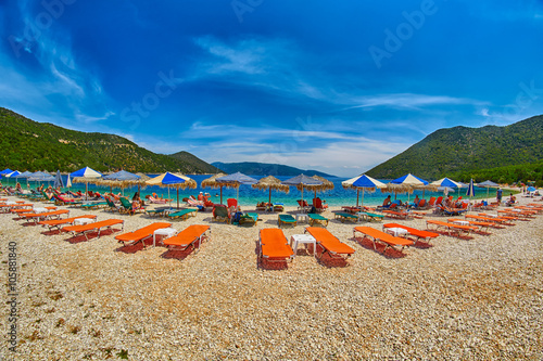 Beach Beds and Umbrellas in Antisamos Beach, Greece