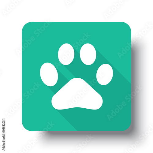 Flat white Paw Print web icon on green button with drop shadow