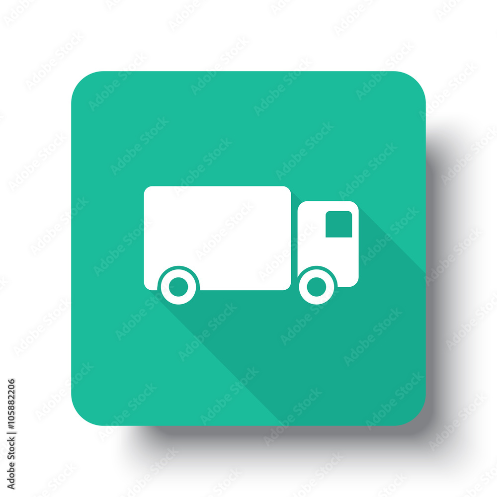 Flat white Delivery Truck web icon on green button with drop sha