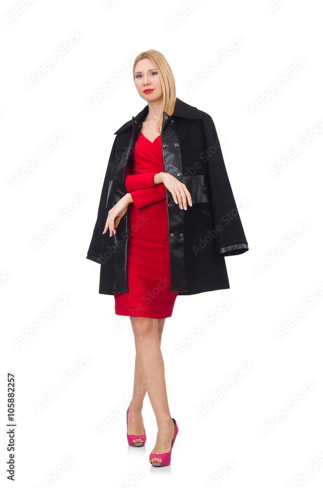 Woman in dress and black coat isolated on white Woman in dress and black coat isolated on white