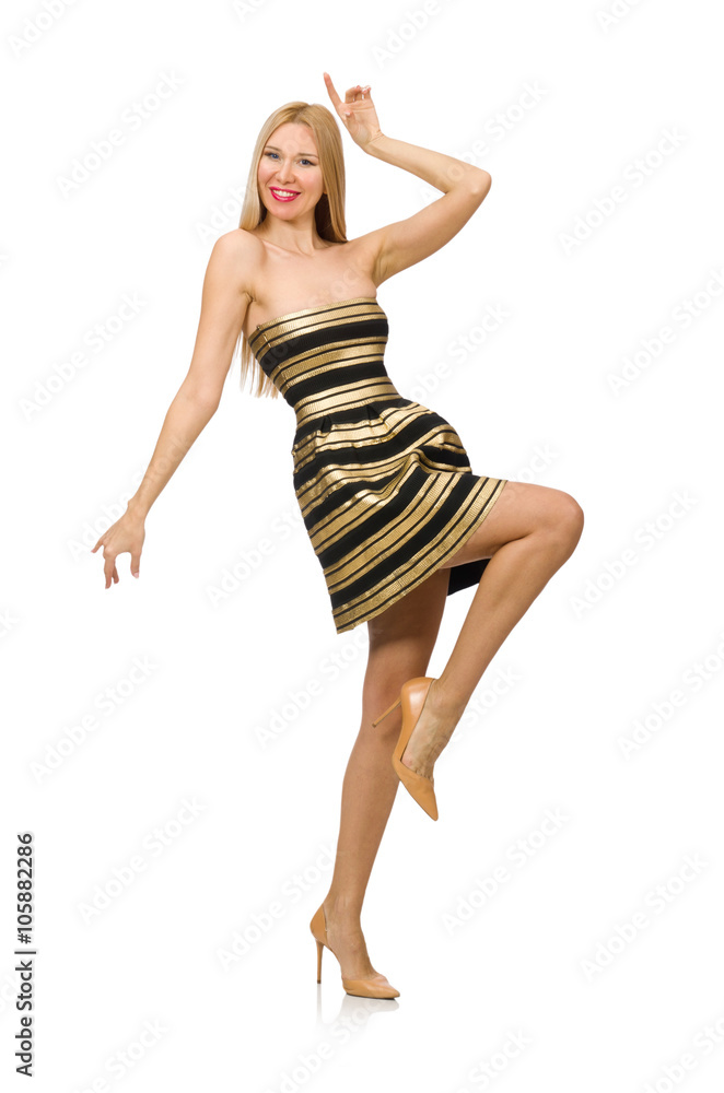 Woman in striped gold and black dress isolated on white Woman in striped gold and black dress isolated on white