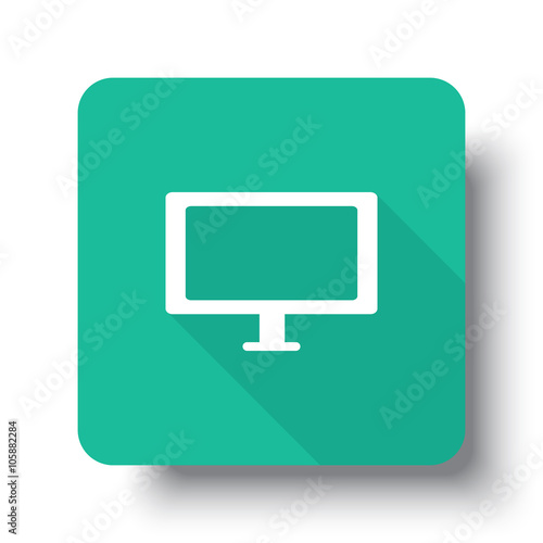 Flat white Computer Screen web icon on green button with drop sh