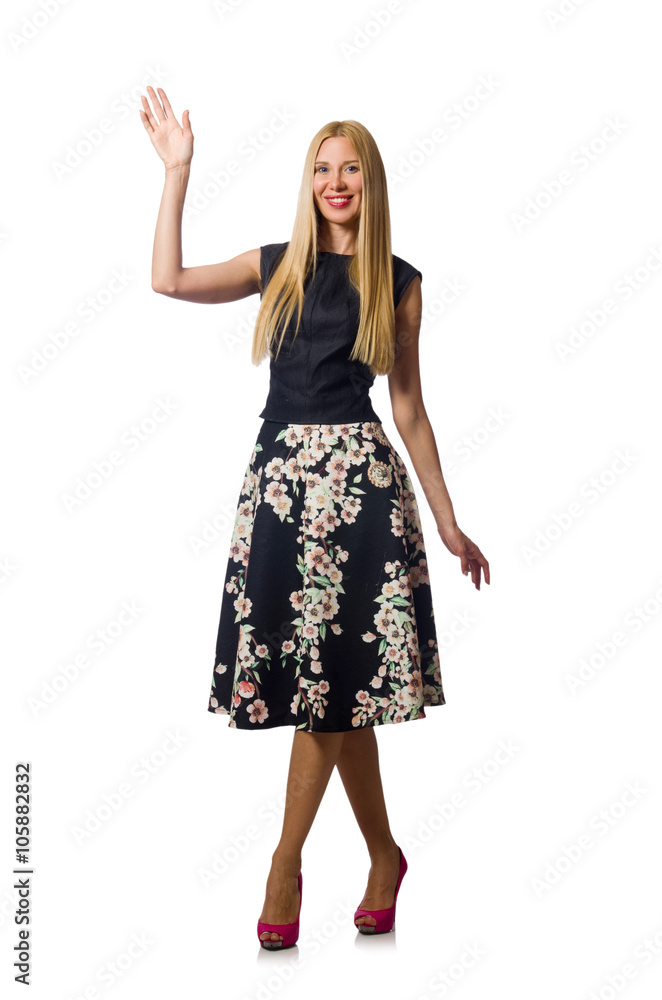 Woman in black floral dress isolated on white