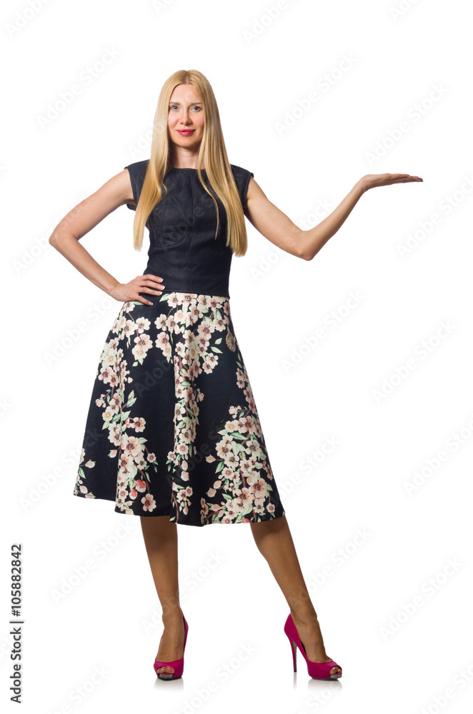 Fototapeta premium Woman in black floral dress isolated on white