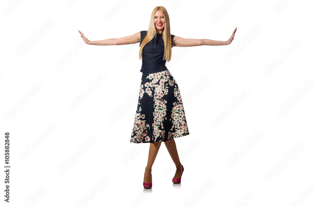 Woman in black floral dress isolated on white Woman in black floral dress isolated on white