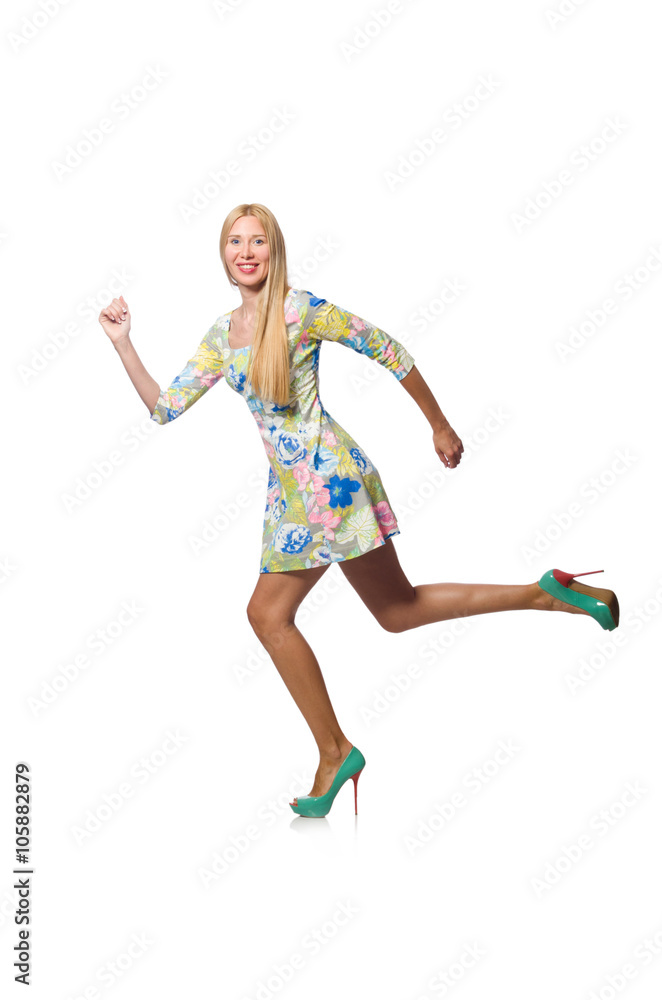 Caucasian woman wearing floral dress isolated on white Caucasian woman wearing floral dress isolated on white