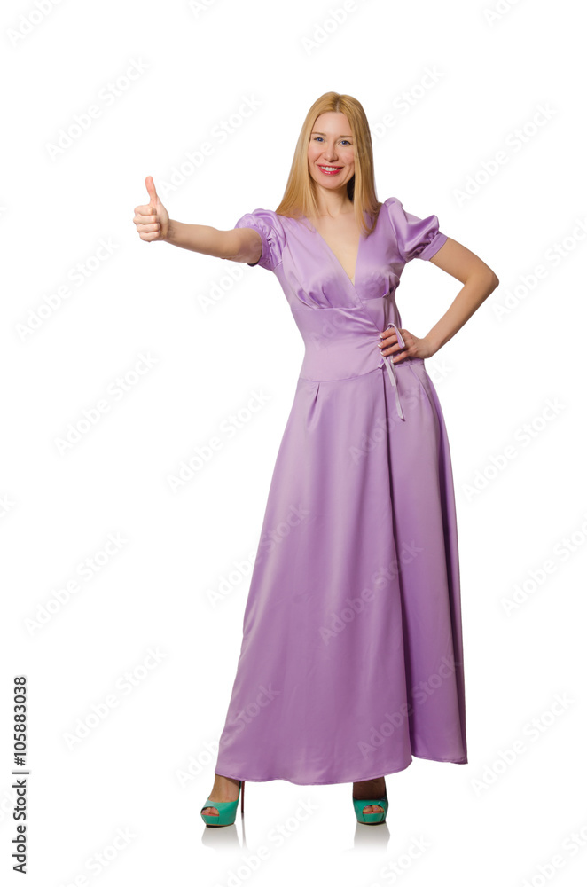 Blondie woman in purple long dress isolated on white Blondie woman in purple long dress isolated on white