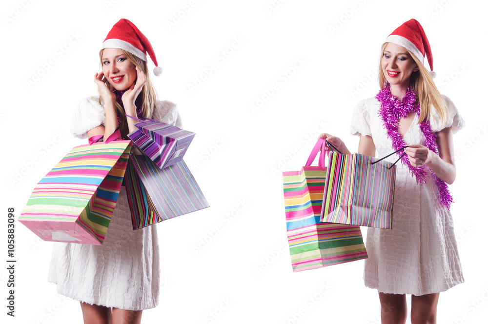 Woman with shopping bags isolated on white