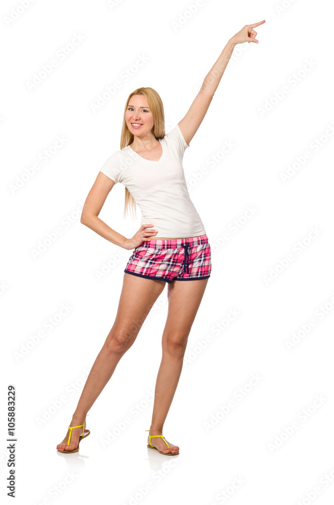 Young woman in pink plaid shorts isolated on white Young woman in pink plaid shorts isolated on white