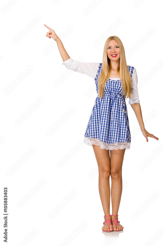 Caucasian woman in plaid blue dress isolated on white Caucasian woman in plaid blue dress isolated on white