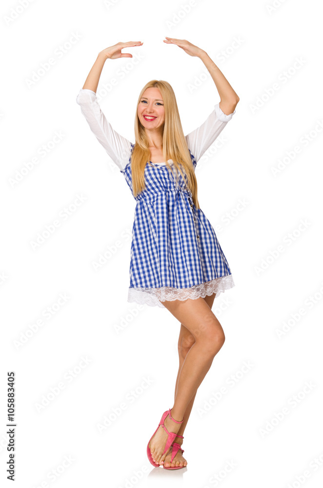 Fototapeta premium Caucasian woman in plaid blue dress isolated on white