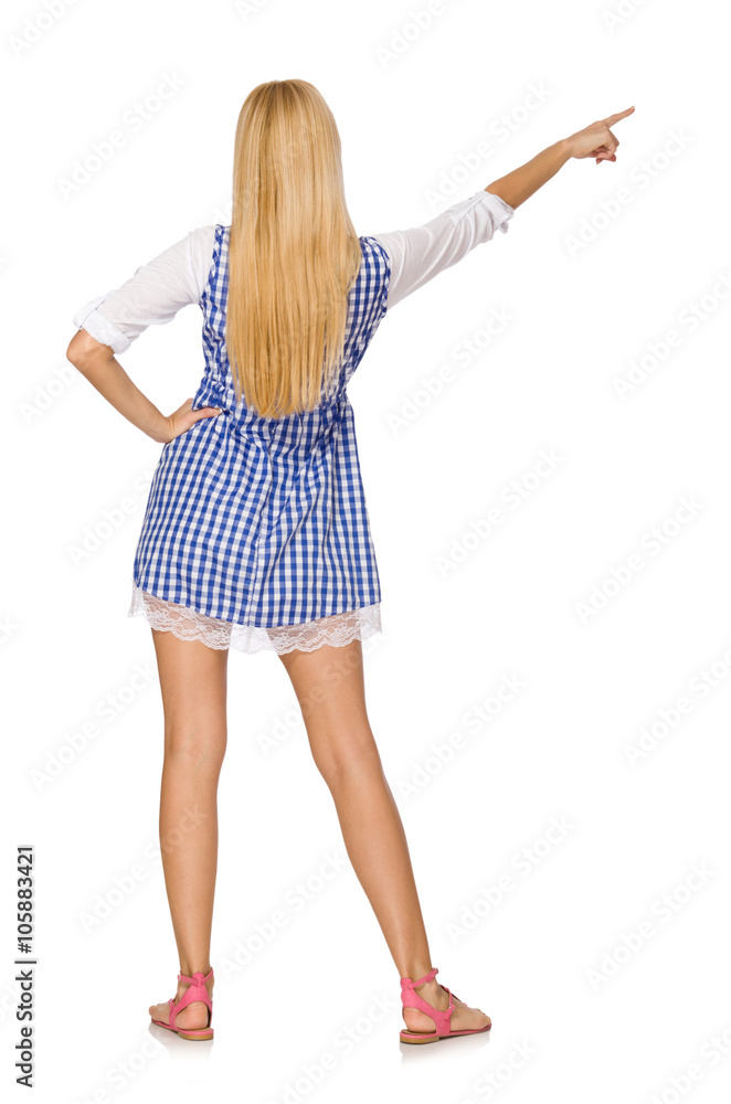 Caucasian woman in plaid blue dress isolated on white Caucasian woman in plaid blue dress isolated on white