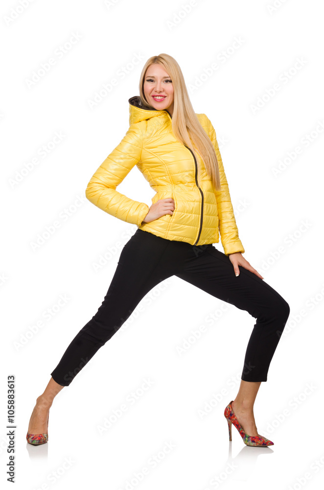 Fototapeta premium Caucasian woman in yellow jacket isolated on white