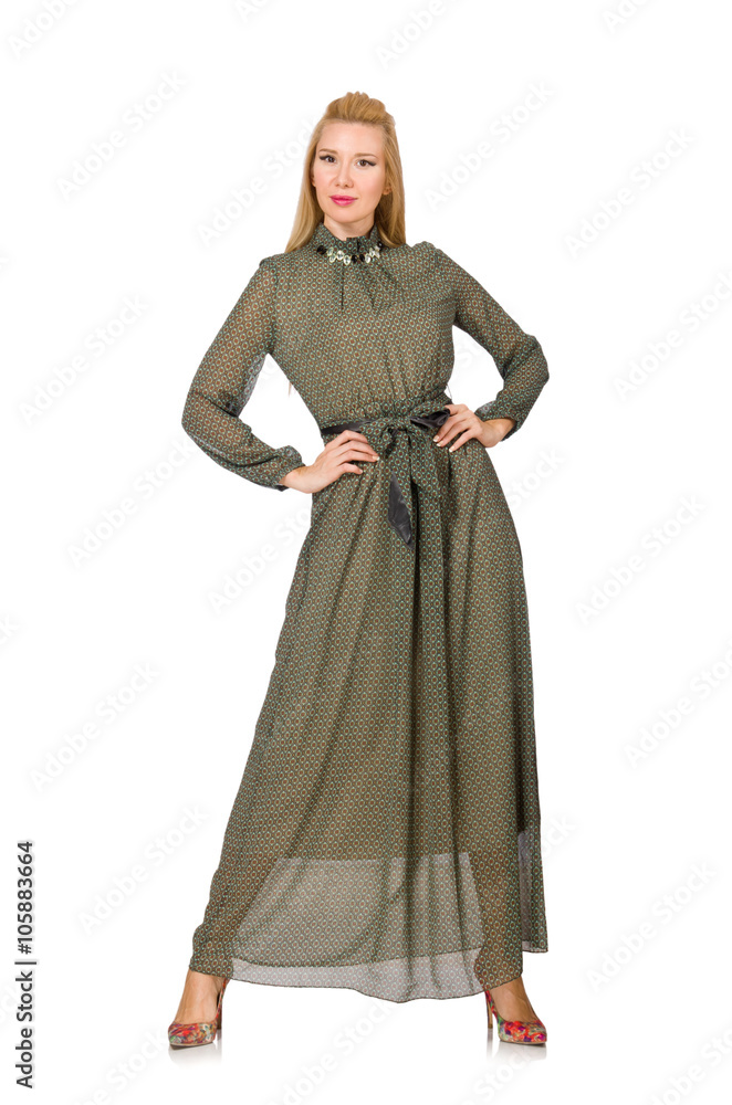 Blond hair woman in long green dress isolated on white Blond hair woman in long green dress isolated on white