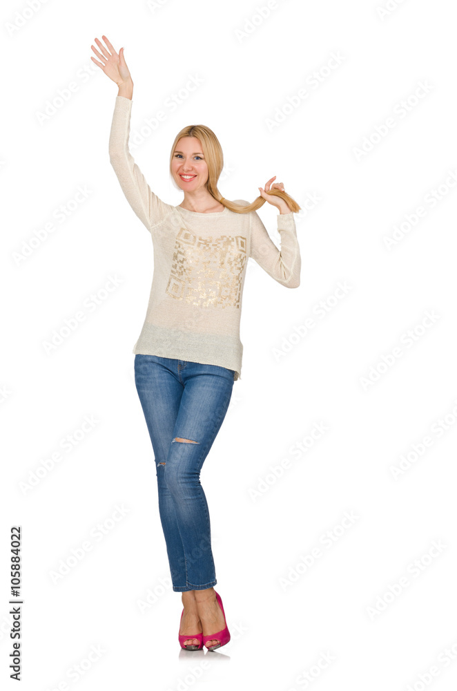 Blond hair woman posing in blue jeans isolated on white Blond hair woman posing in blue jeans isolated on white