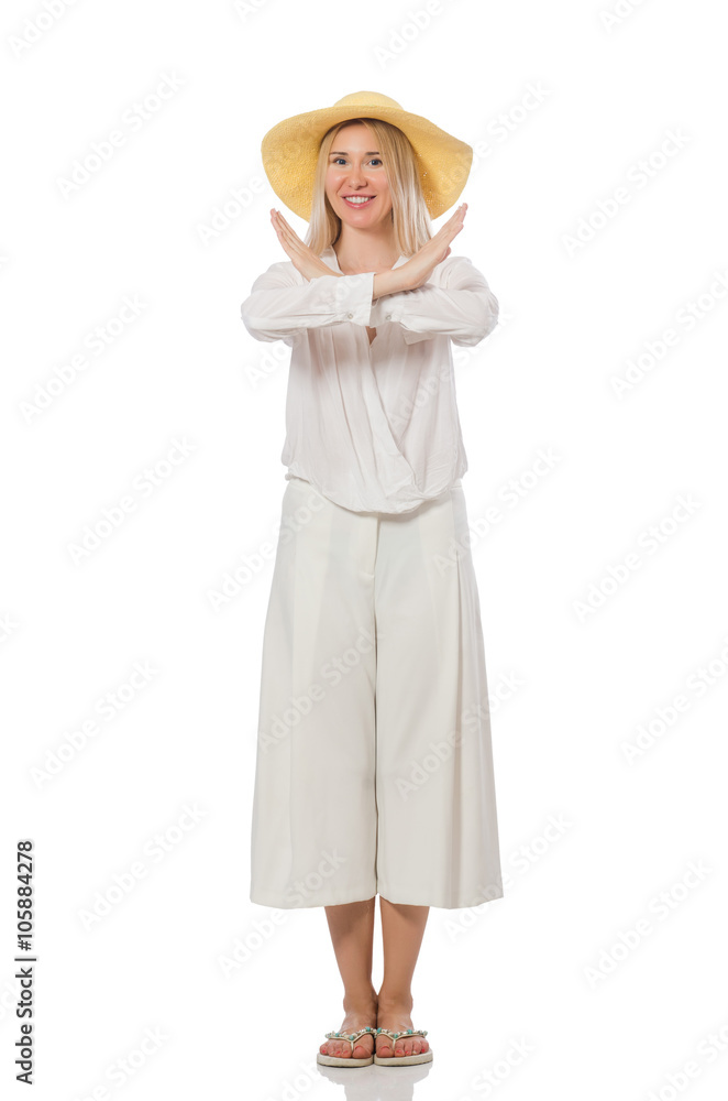 Blond hair model in elegant flared pants isolated on white Blond hair model in elegant flared pants isolated on white