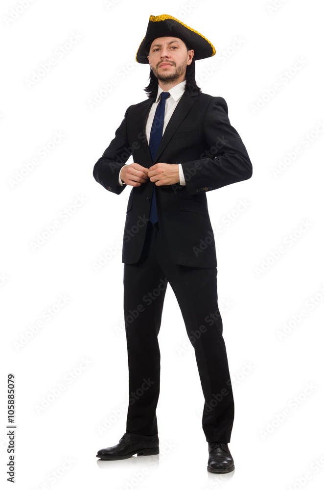 Young businessman wearing tricorn isolated on white Young businessman wearing tricorn isolated on white