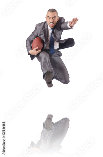 Man with american football ball isolated on white
