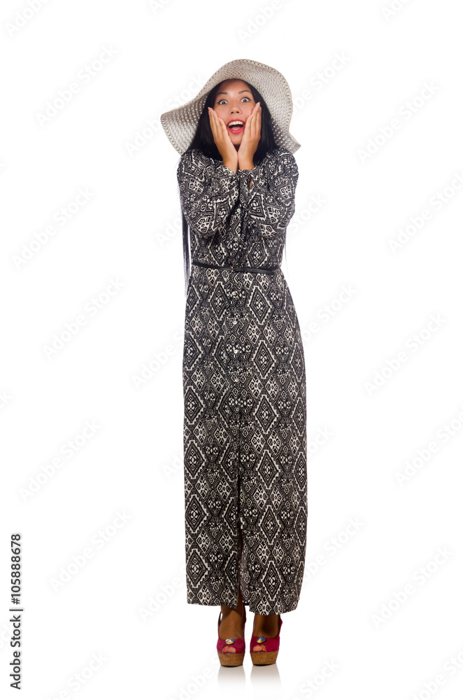 Black hair woman in long gray dress isolated on white
