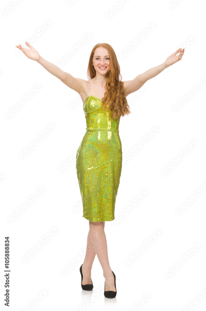 Red hair girl in sparkling green dress isolated on white Red hair girl in sparkling green dress isolated on white