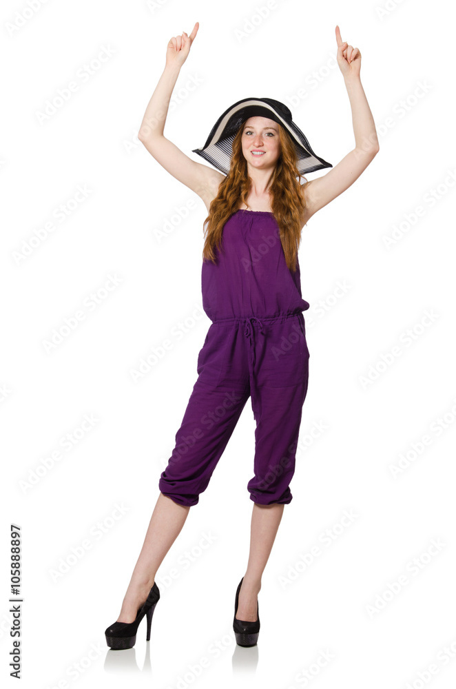 Pretty romantic girl in purple overalls isolated on white