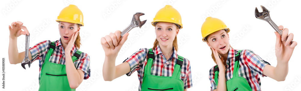 Constructon worker female with wrench isolated on white Constructon worker female with wrench isolated on white