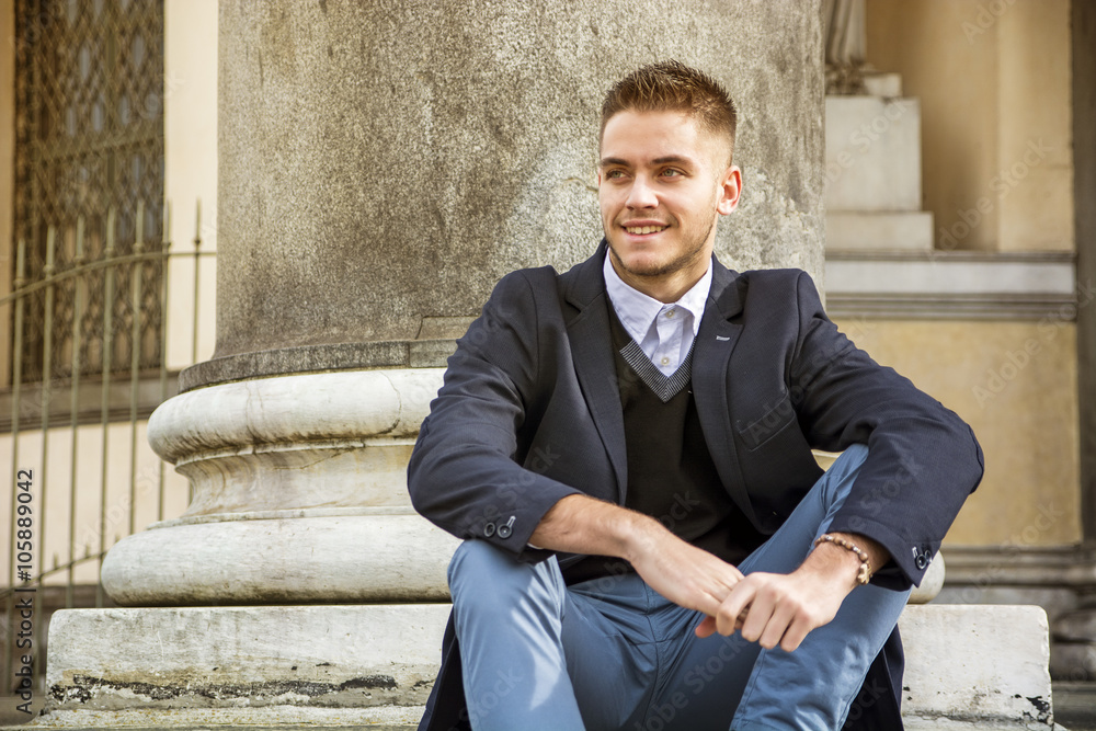 Handsome young man outdoor in jacket and shirt Handsome young man outdoor in jacket and shirt