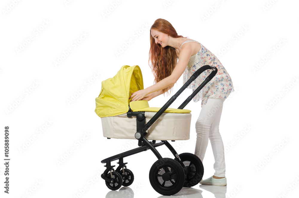 Woman with baby and pram isolated on white Woman with baby and pram isolated on white