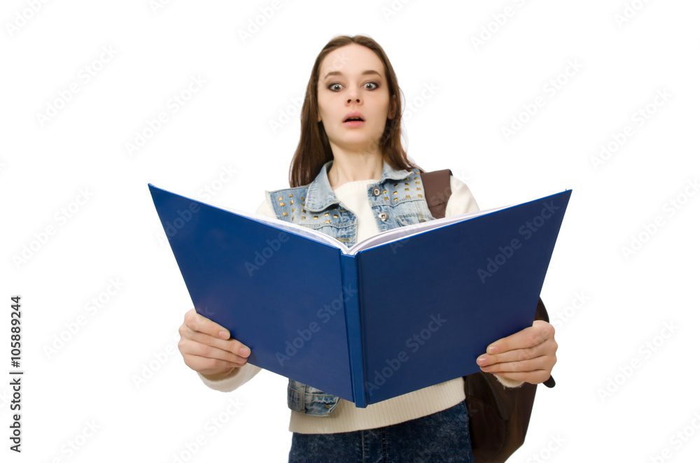 Pretty student holding textbooks isolated on white Pretty student holding textbooks isolated on white