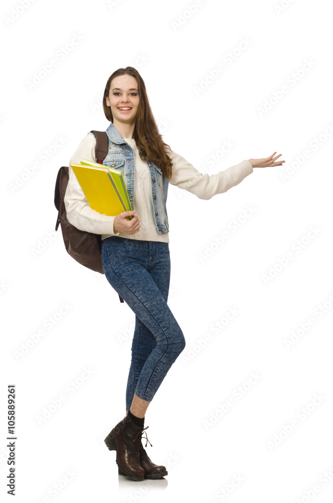 Pretty student holding textbooks isolated on white Pretty student holding textbooks isolated on white