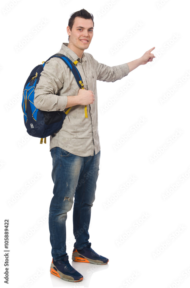 Smiling caucasian student with backpack isolated on white Smiling caucasian student with backpack isolated on white