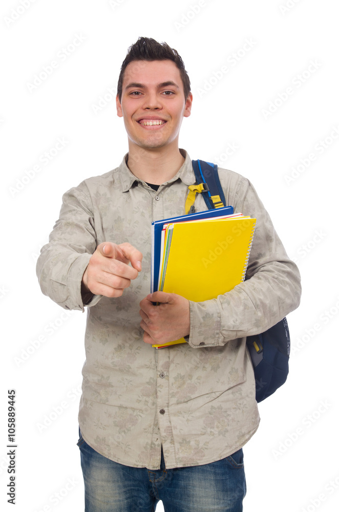 Smiling caucasian student with backpack and book isolated on whi Smiling caucasian student with backpack and book isolated on whi