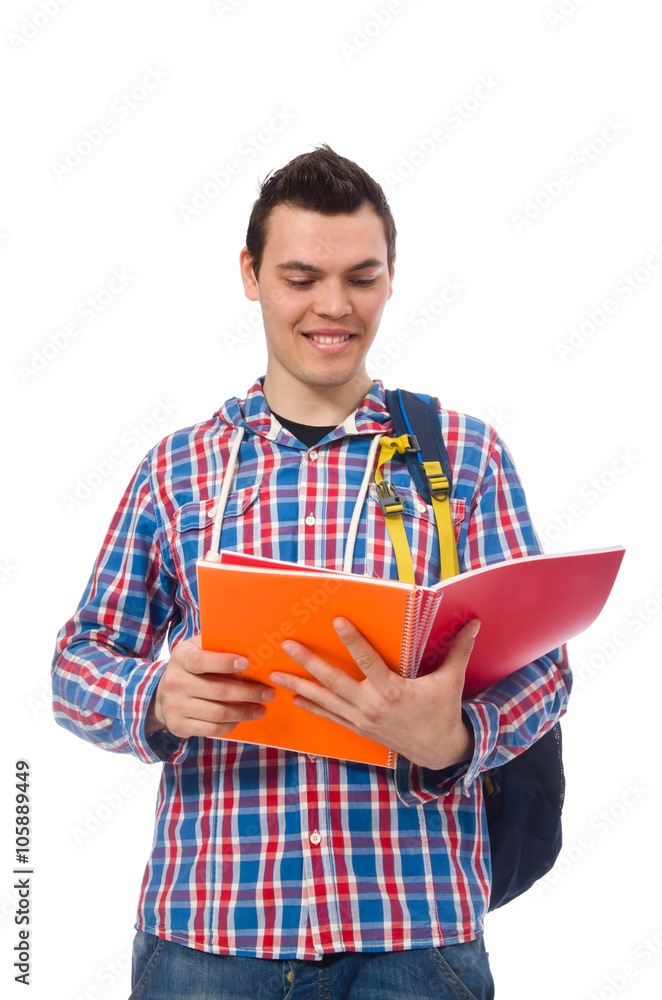 Smiling caucasian student with backpack and book isolated on whi Smiling caucasian student with backpack and book isolated on whi