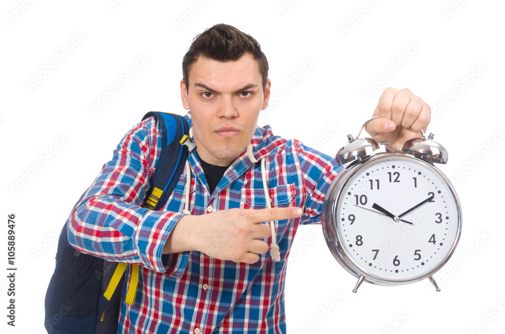 Student holding alarm clock isolated on white Student holding alarm clock isolated on white