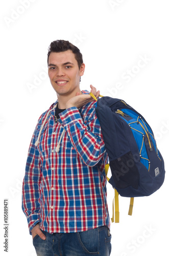 Smiling caucasian student with backpack isolated on white