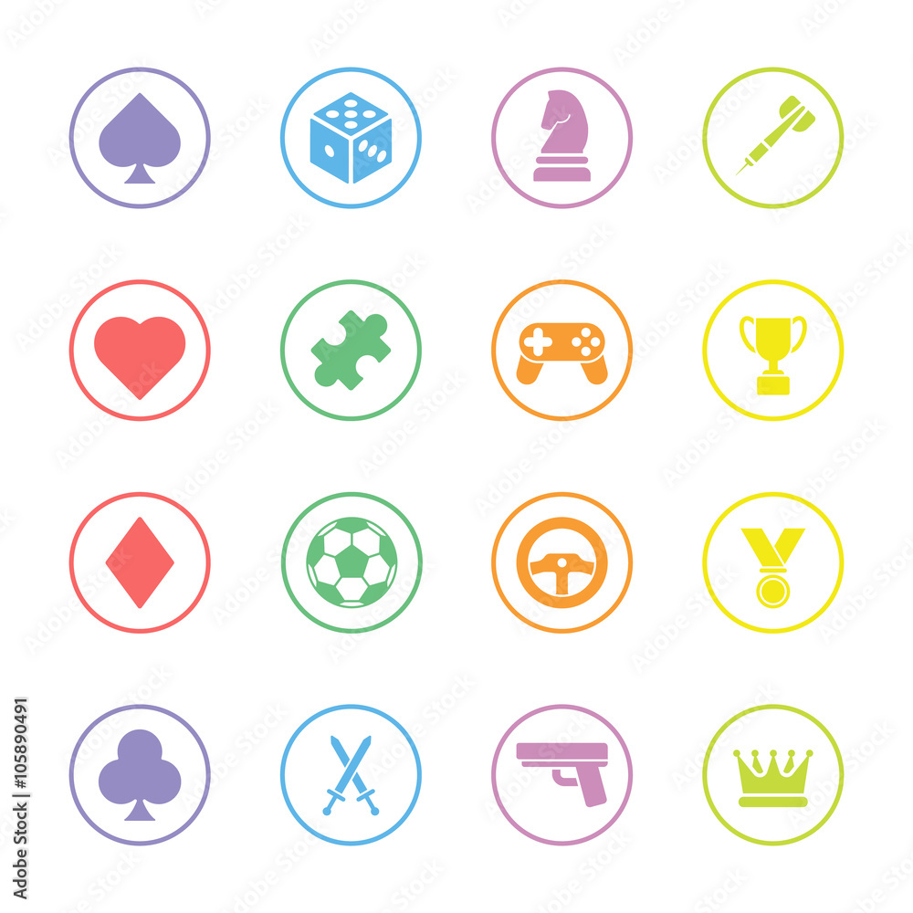 colorful flat game icon set with circle frame for web design, user interface (UI), infographic and mobile application (apps)