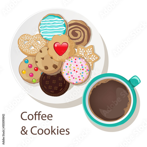 There are a lot of colorful cookies on a dish and there is a cup of coffee.