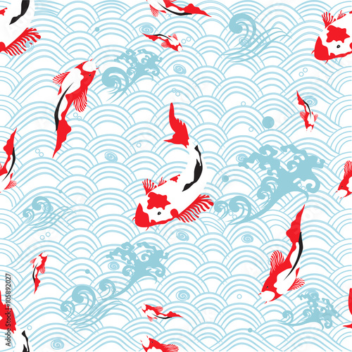 Tapety Bezszwowa deseniowa orientalna tekstura z karpiem koi; ilustracji wektorowych