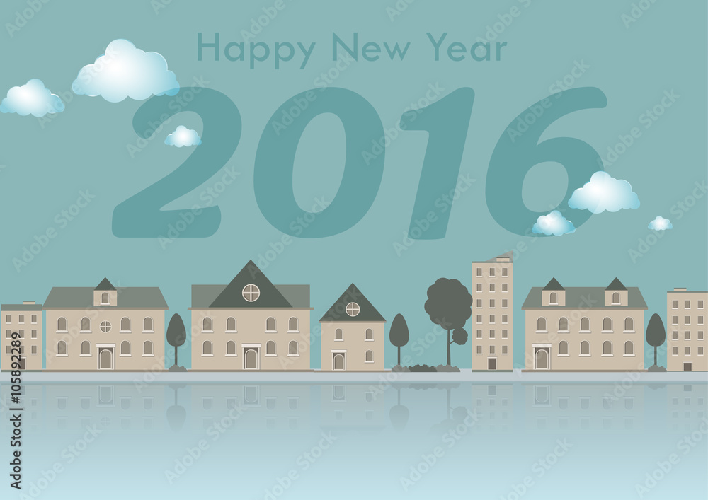 2016 Happy New Year town city with mirror in water; vector illustration