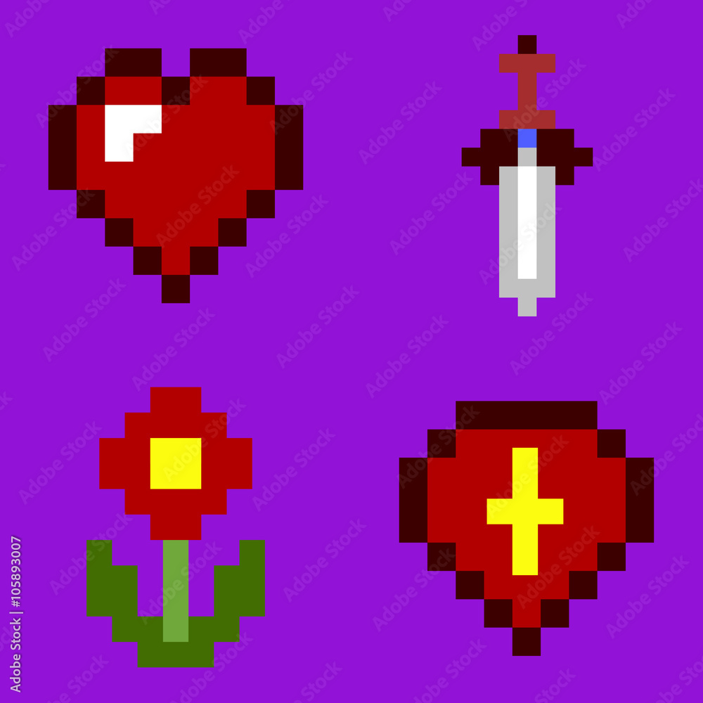Vector Heart, Flower, Sword, Shield Pixel Game Icons Vector Heart, Flower, Sword, Shield Pixel Game Icons