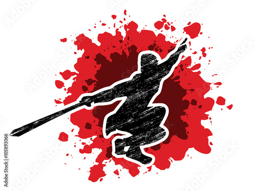 Kung Fu, Wushu with sword pose, designed using grunge brush on splash blood graphic vector. 